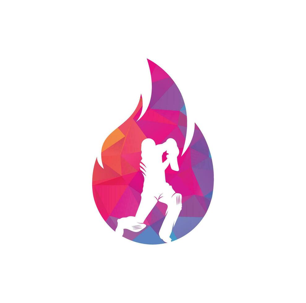 diseño del logotipo vectorial del jugador de cricket de fuego. icono del logotipo del equipo de fuego de críquet. logotipo de combinación de bateador jugando cricket y fuego. vector