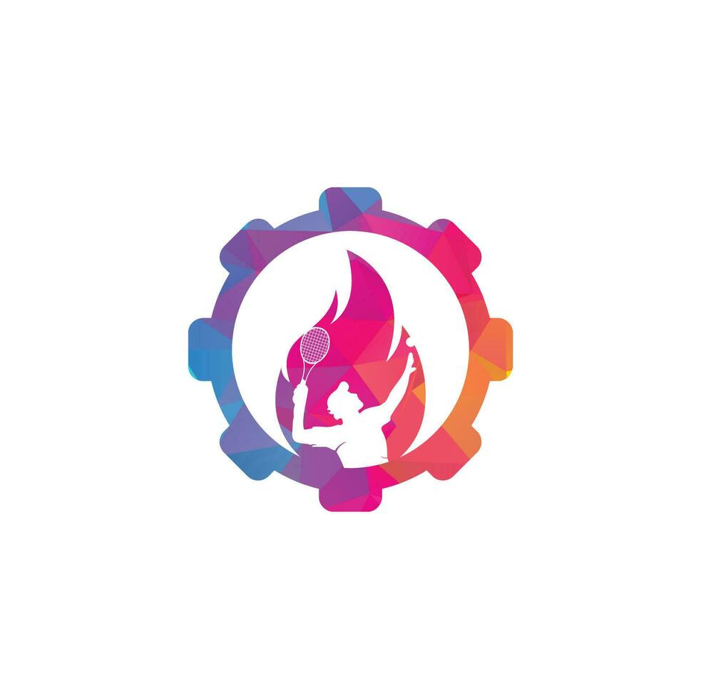 plantilla de diseño de icono de logotipo de forma de engranaje de jugador de fuego y tenis. diseño de logotipo de vector de deportes de tenis.