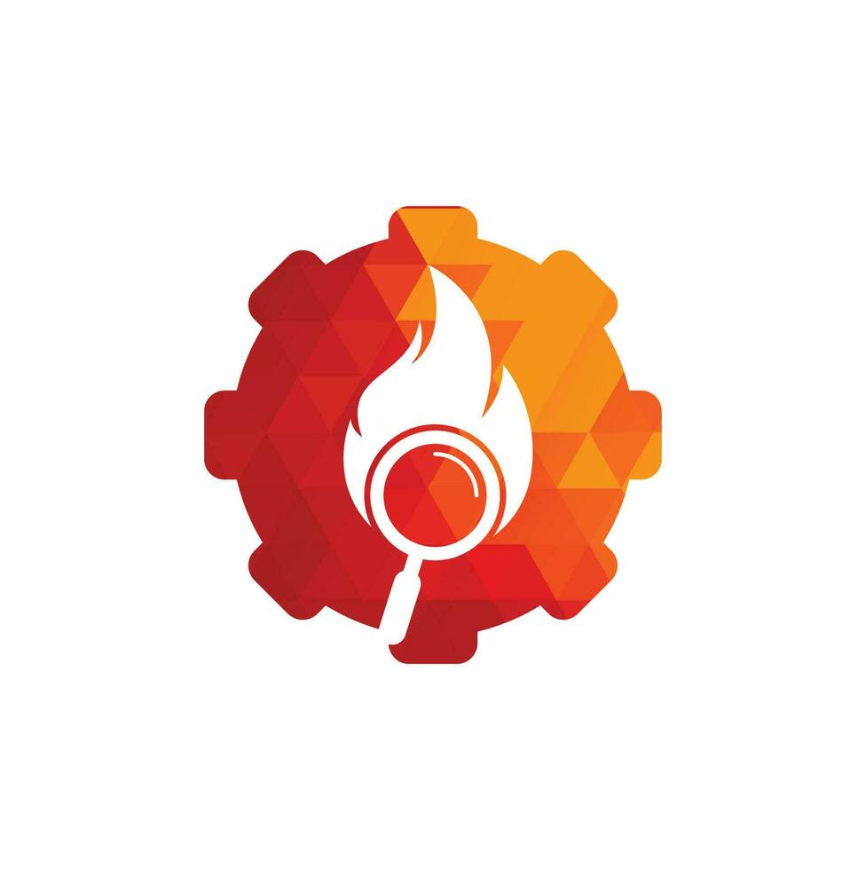 vector de diseño de plantilla de logotipo de concepto de forma de engranaje de búsqueda de incendios. encuentre la plantilla de diseño del logotipo de fuego. icono de fuego y lupa