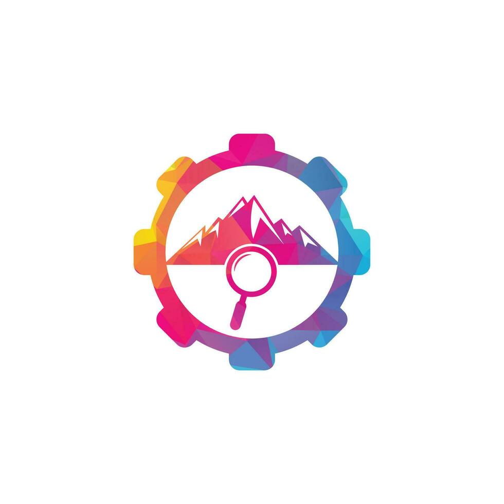 Mountain and loupe gear shape concept logo combination. Nature and magnifying symbol or icon. Magnifying glass and mountain logo design. vector
