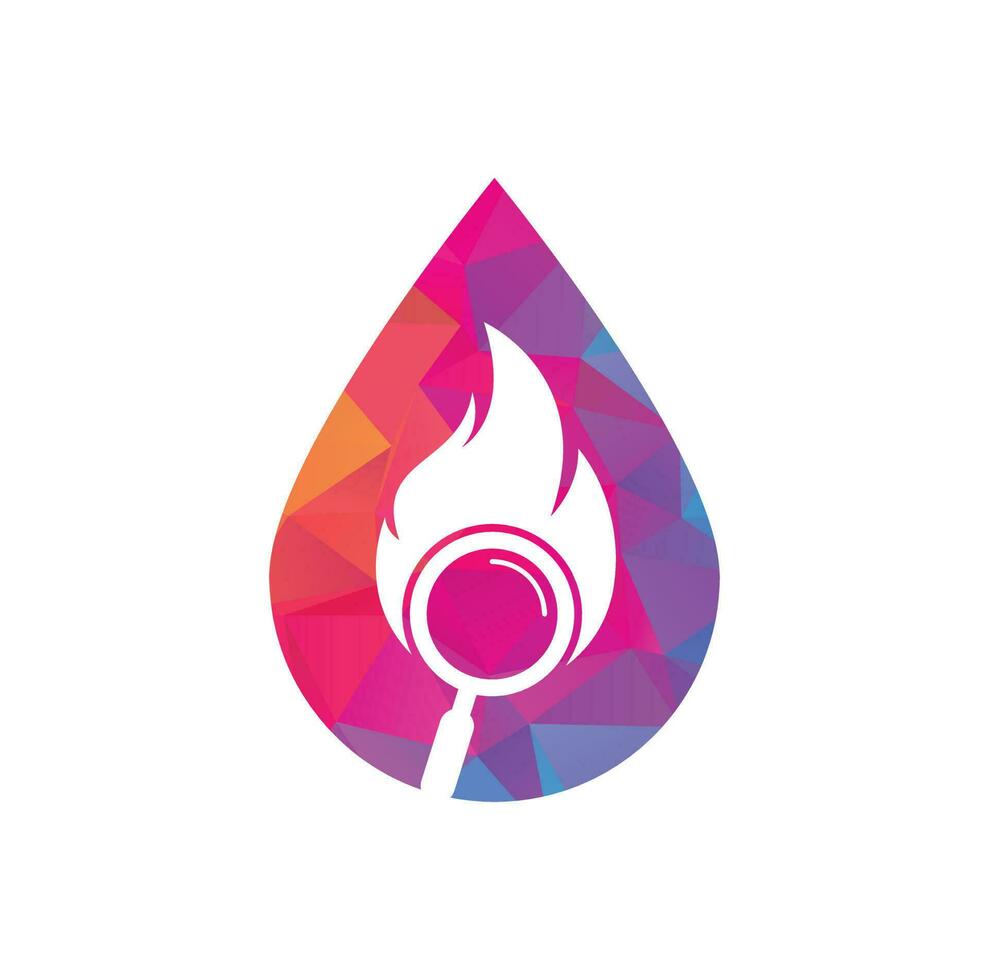 vector de diseño de plantilla de logotipo de concepto de forma de gota de búsqueda de fuego. encuentre la plantilla de diseño del logotipo de fuego. icono de fuego y lupa