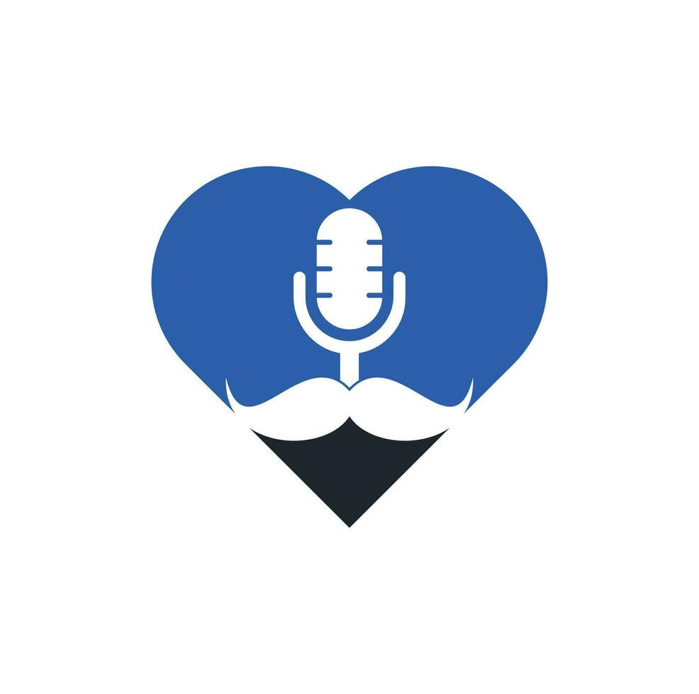 fuerte plantilla de diseño de logotipo de vector de corazón de podcast. plantilla de diseño de logotipo de podcast de caballero. icono de podcast de bigote.