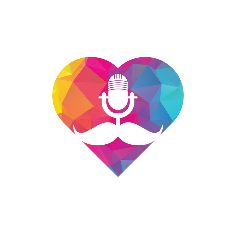 fuerte plantilla de diseño de logotipo de vector de corazón de podcast. plantilla de diseño de logotipo de podcast de caballero. icono de podcast de bigote.