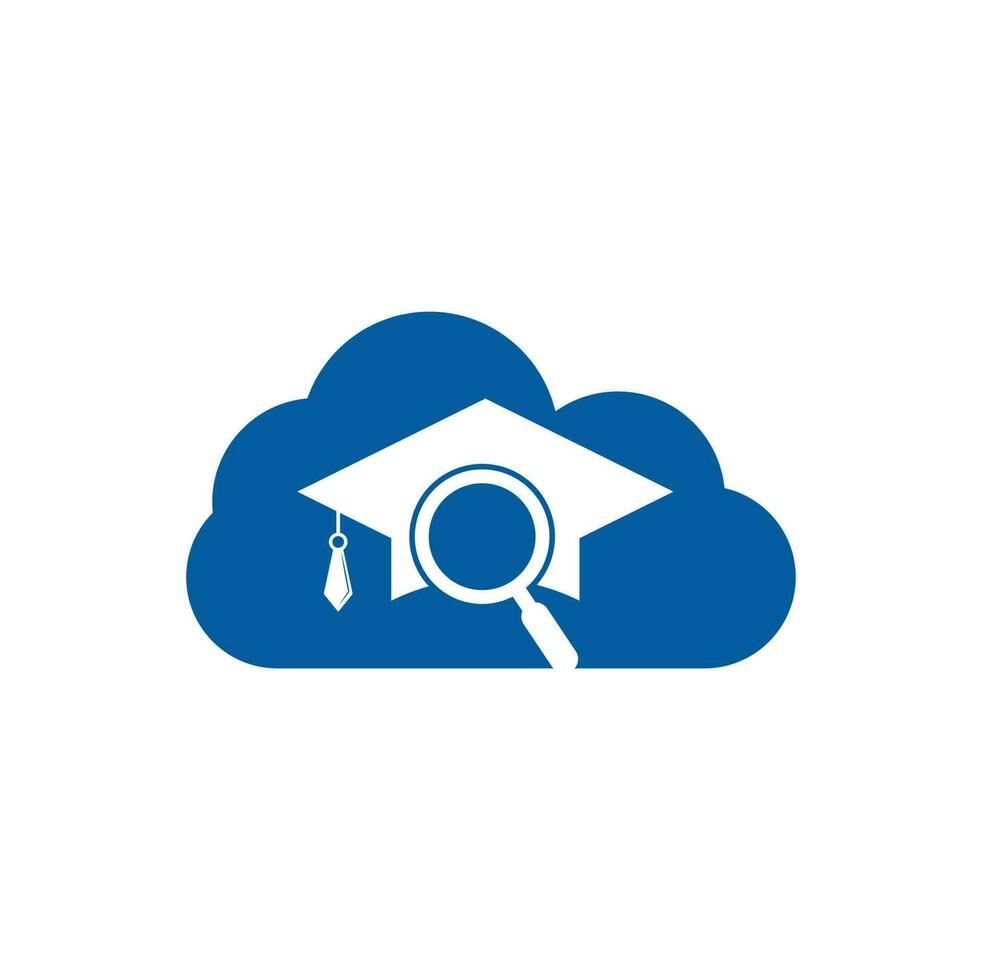 plantilla de logotipo de vector de concepto de forma de nube de buscador de estudiantes. sombrero graduado y diseño de logotipo de lupa.