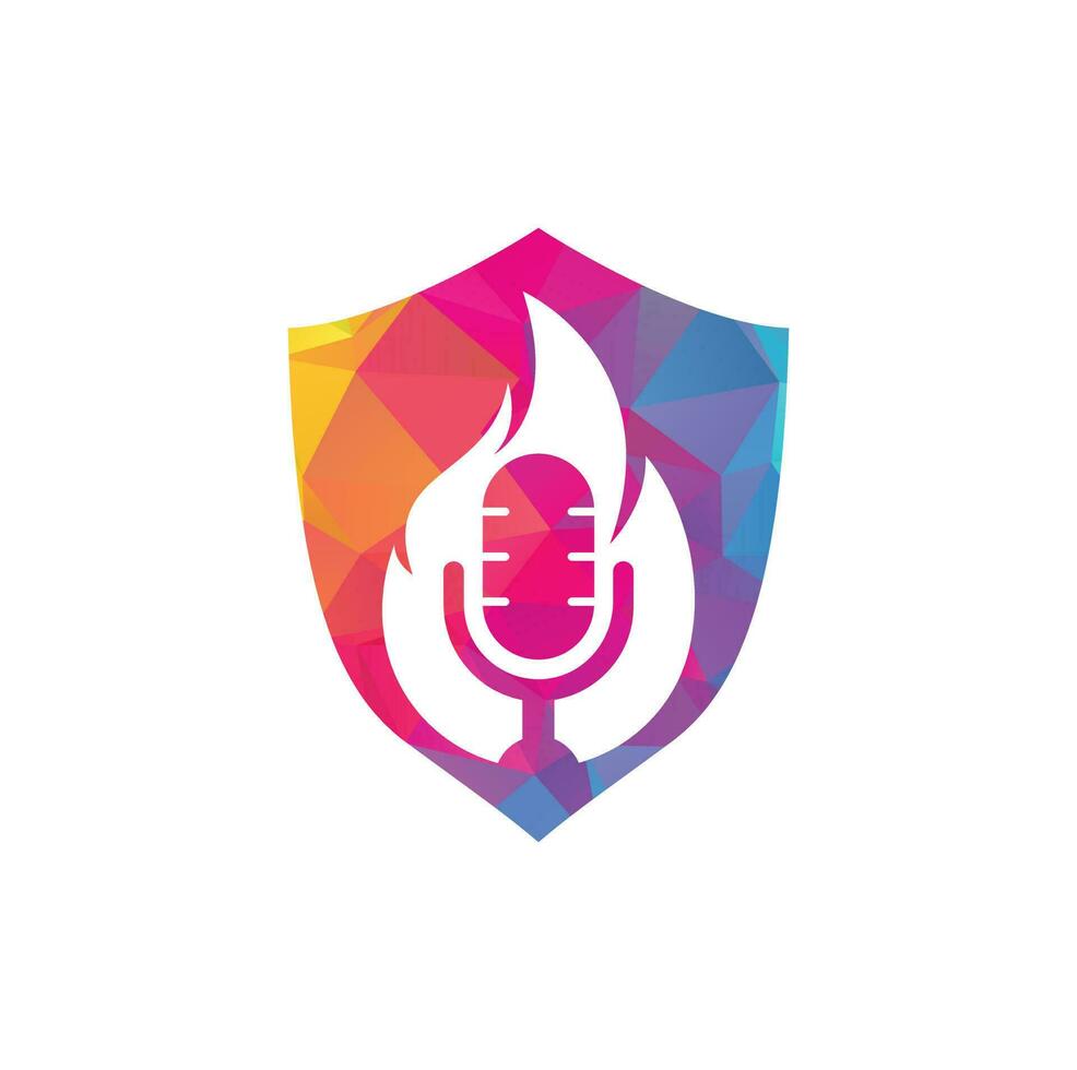 Fire Podcast logo design template. Flame fire podcast mic logo vector icon illustration.