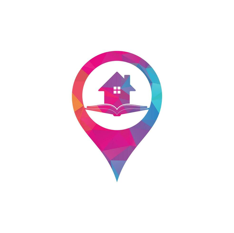 Book house map pin shape concept logo design template. House and book logo vector icon.