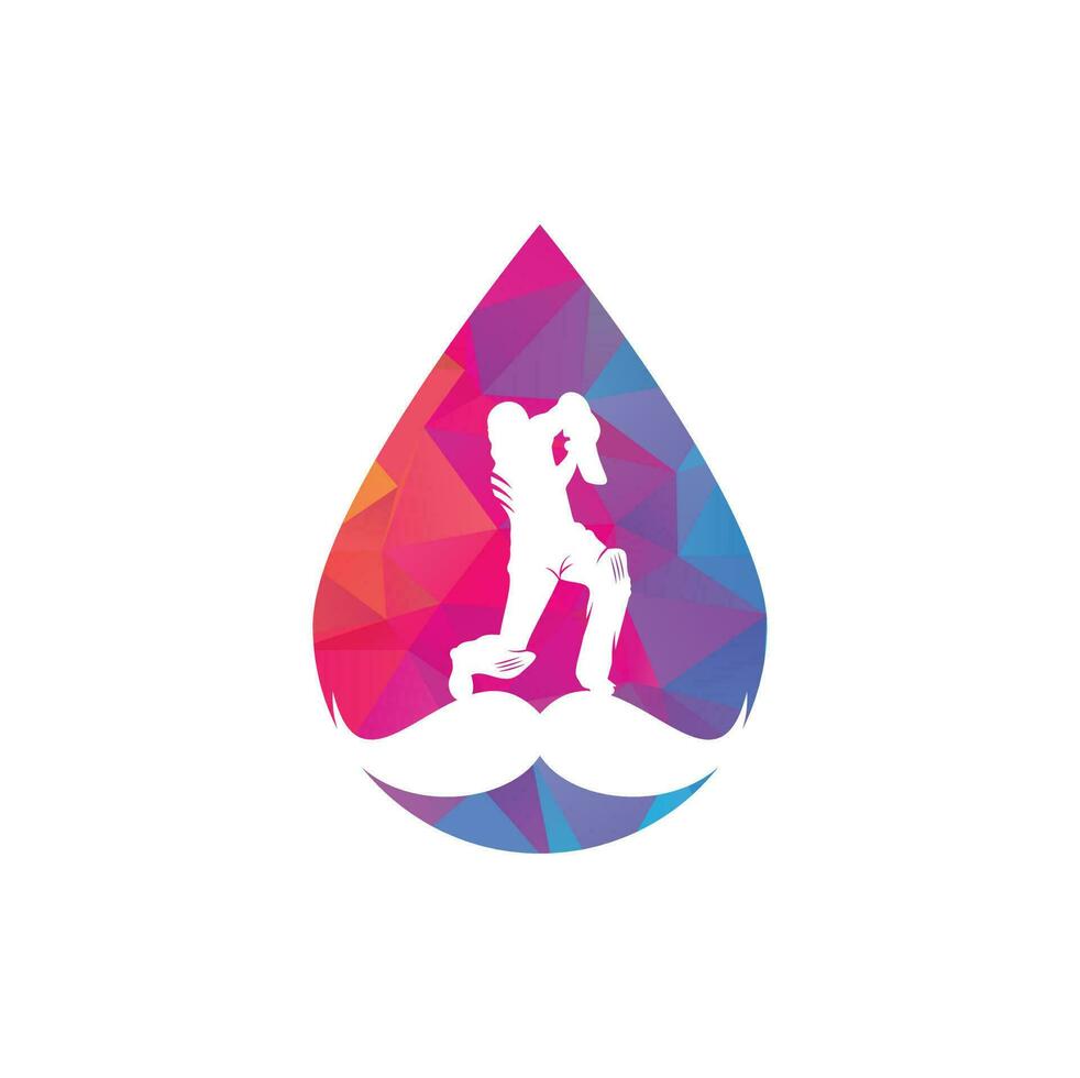 diseño de logotipo vectorial de concepto de forma de gota de cricket fuerte. diseño de icono de vector de bigote y jugador de cricket.