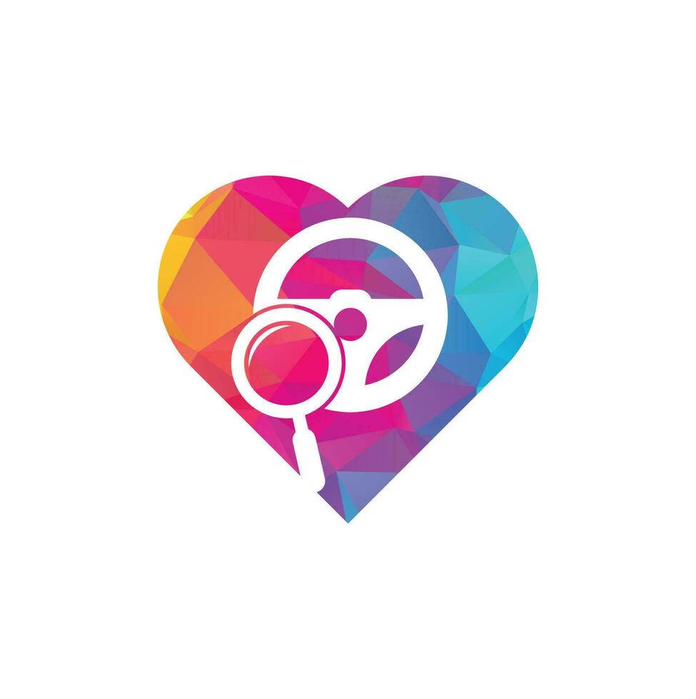 Search drive heart shape concept logo template. Search drive logo design icon vector. Steering wheel and magnifying symbol or icon. vector