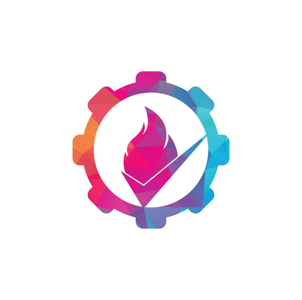 plantilla de diseño de logotipo vectorial de concepto de forma de engranaje de control de incendios. diseño de iconos de fuego y marca de verificación. vector