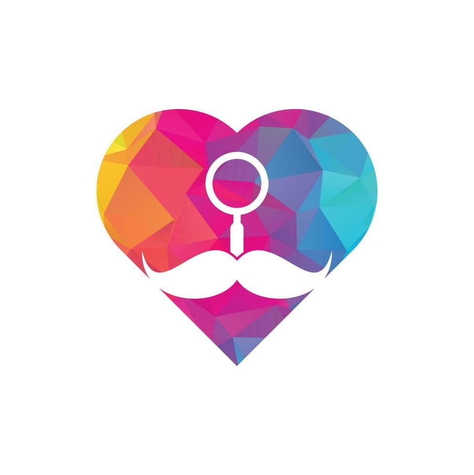 Search mustache heart shape concept logo design template. Moustache and loupe for a detective spy logo design. vector