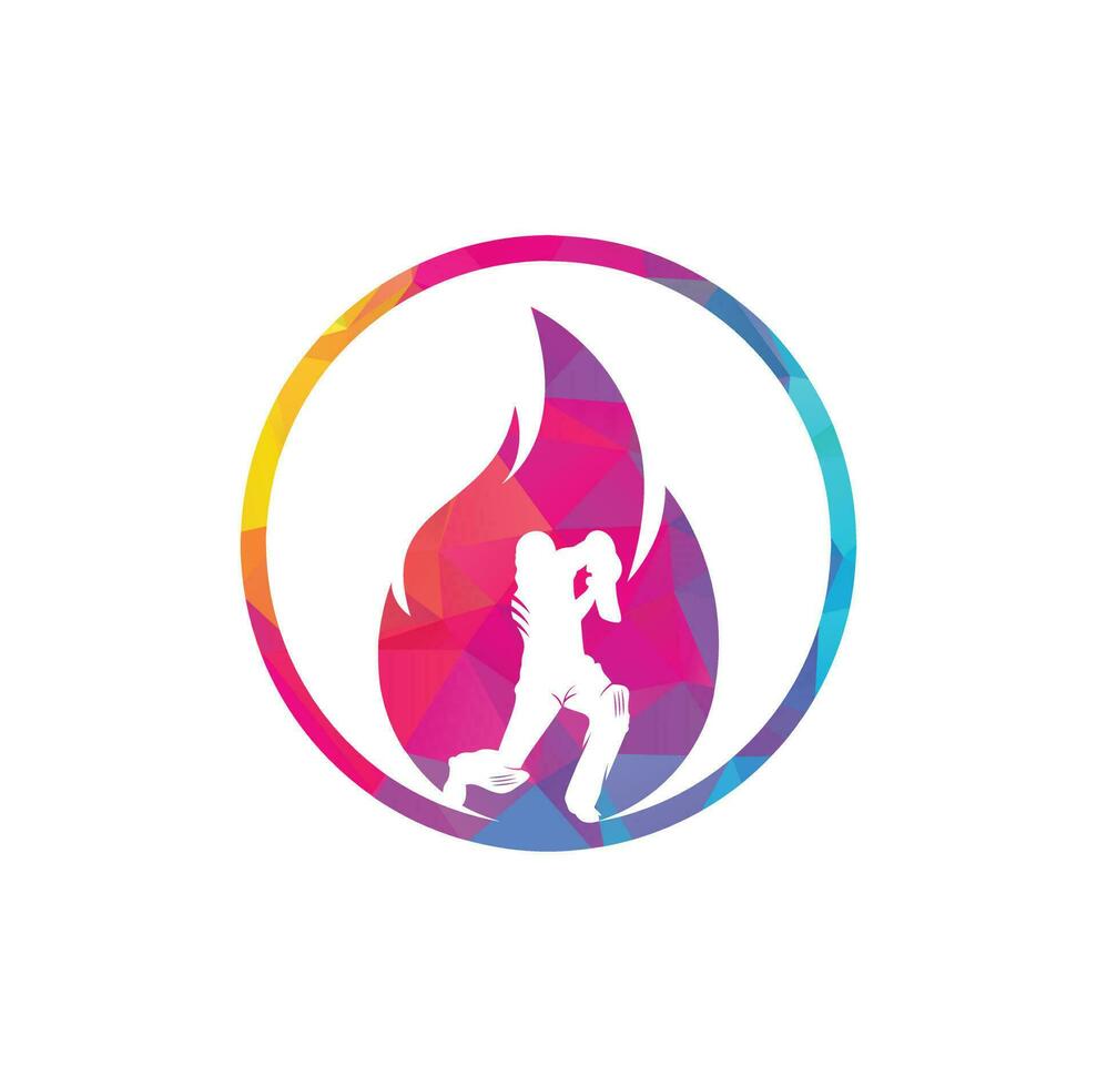 Fire cricket player vector logo design. Cricket fire gear logo icon. Batsman playing cricket and fire combination logo.