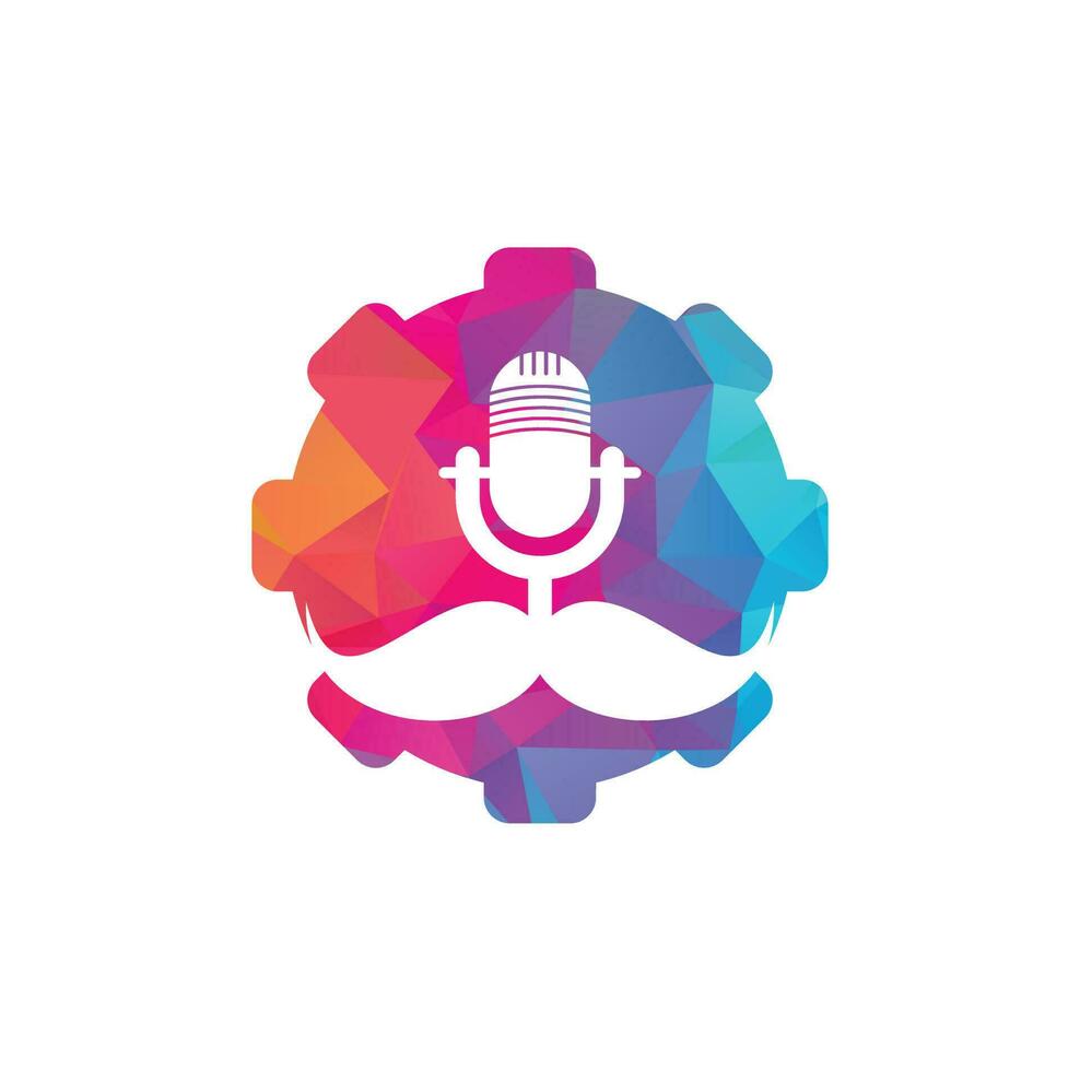 Strong podcast gear vector logo design template. Gentleman podcast logo design template. Mustache podcast icon.