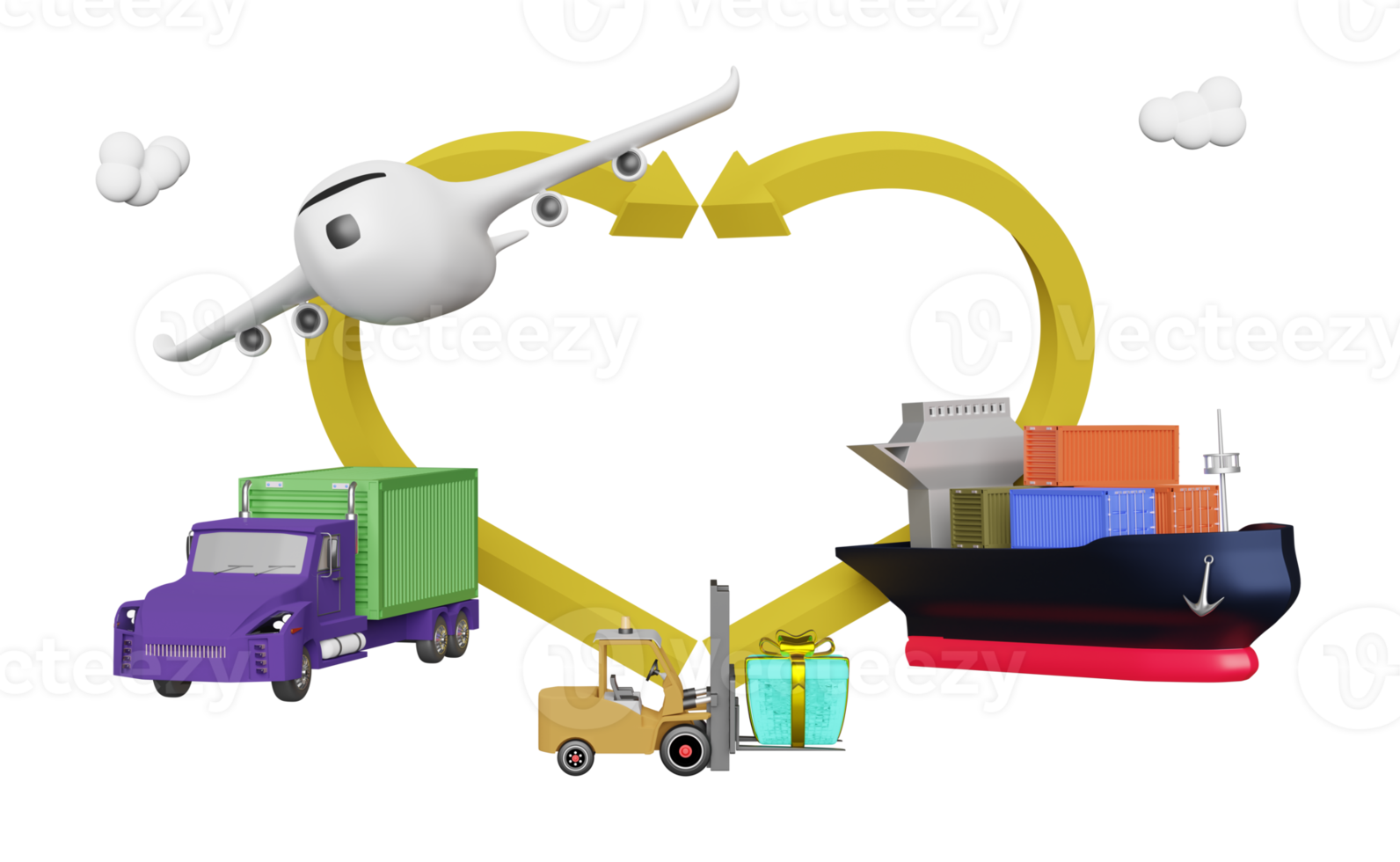 semi truck and cargo ship and plane with arrow, center and air cargo trucking, maritime shipping, land transport concept, 3d illustration or 3d render png