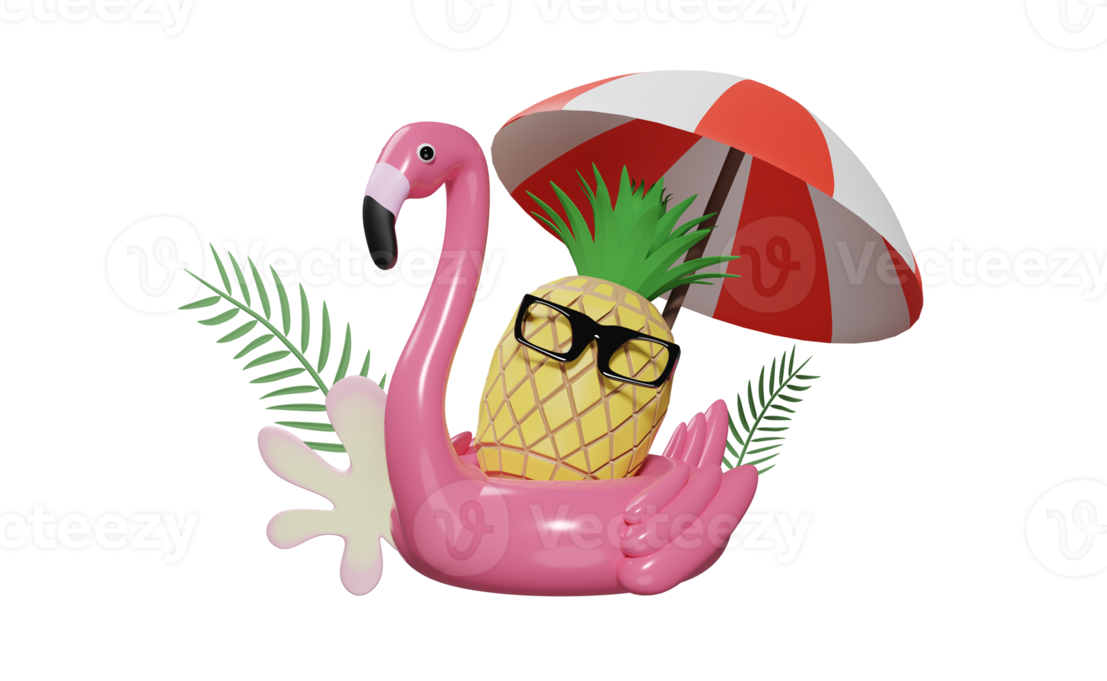 Inflatable flamingo with beach umbrella and pineapple, sunglasses isolated. summer travel concept, 3d illustration, 3d render png