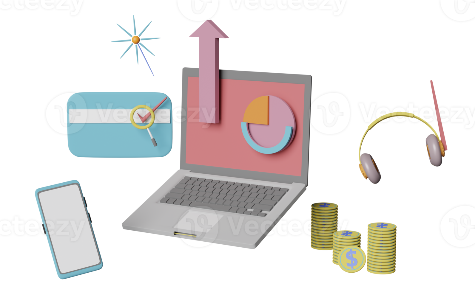 3d Laptop with charts and graph, analysis business financial data, Online marketing isolated. 3d render illustration png