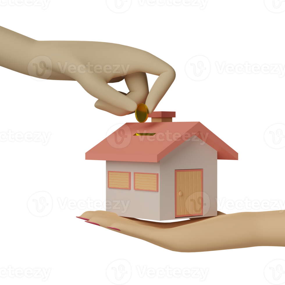 cartoon woman hands holding house with man hands holding coin isolated. 3d illustration or 3d render png