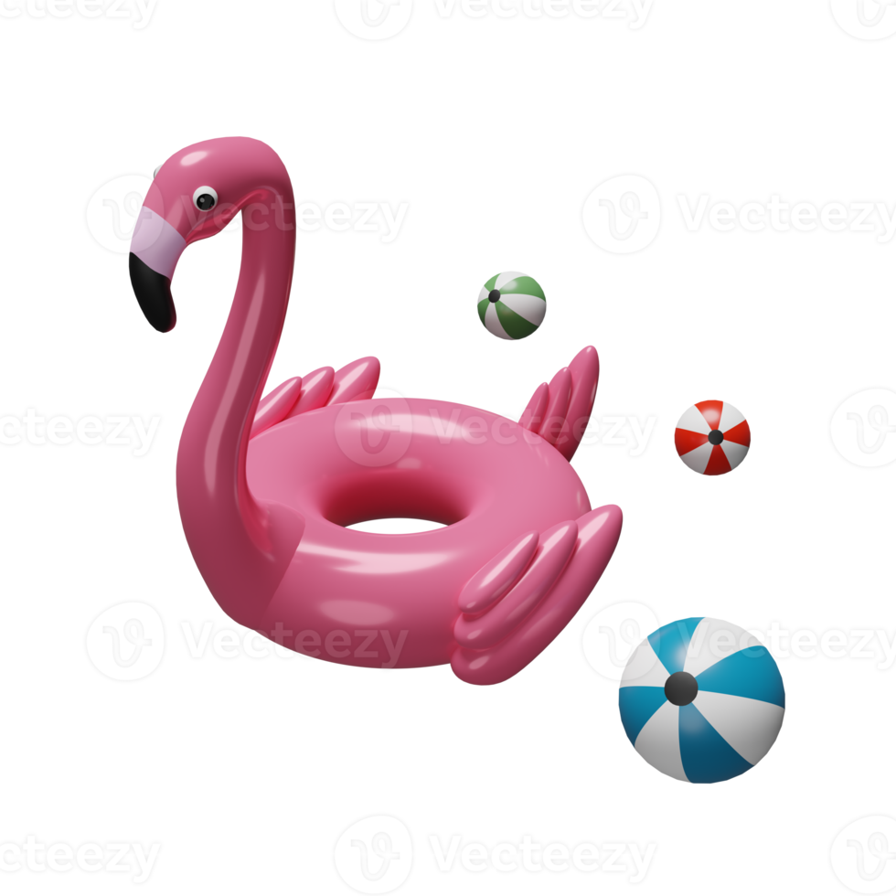 flamingo inflável com bola de praia isolada. conceito de viagens de verão, ilustração 3d, renderização 3d png