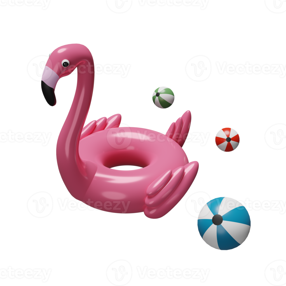 aufblasbarer flamingo mit wasserball lokalisiert. sommerreisekonzept, 3d-illustration, 3d-rendering png