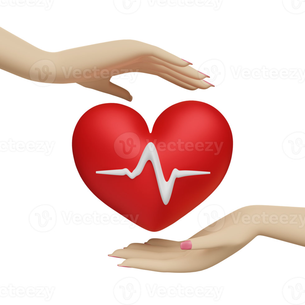 cartoon woman hands holding red heart and blood pressure heart rate isolated. health love or world heart day concept, 3d illustration or 3d render png
