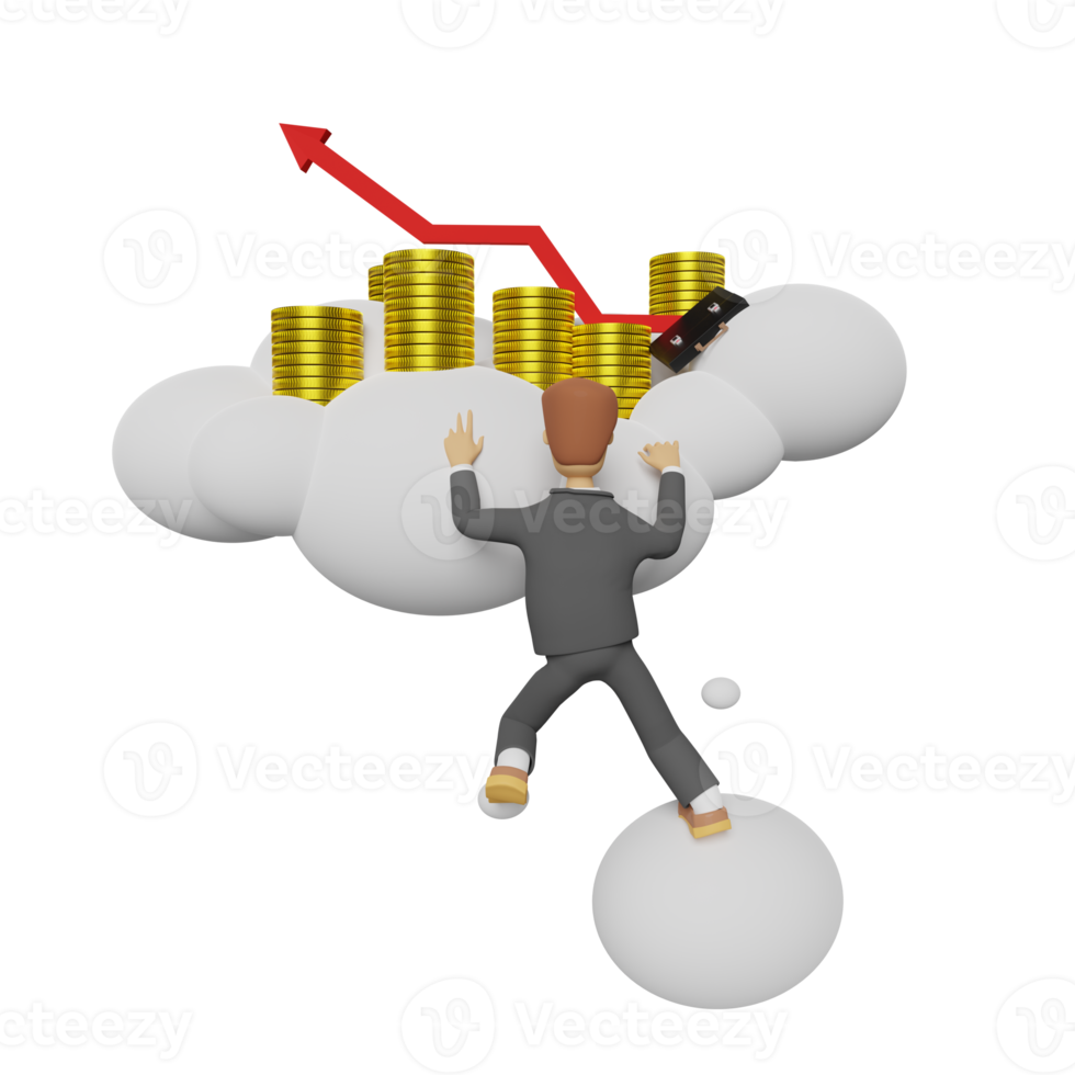 cartoon character businessman with pile of coins and bar graph on cloud isolated. 3d illustration or 3d render png