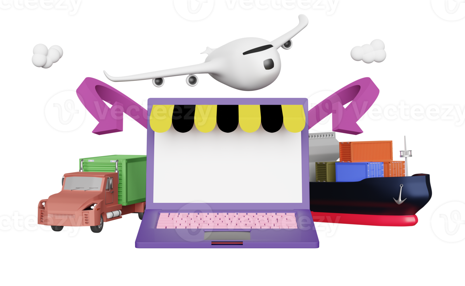 shop on laptop with trailer and cargo ship and plane, digital marketing plan and air cargo trucking, maritime shipping, land transport concept,  3d illustration or 3d render png