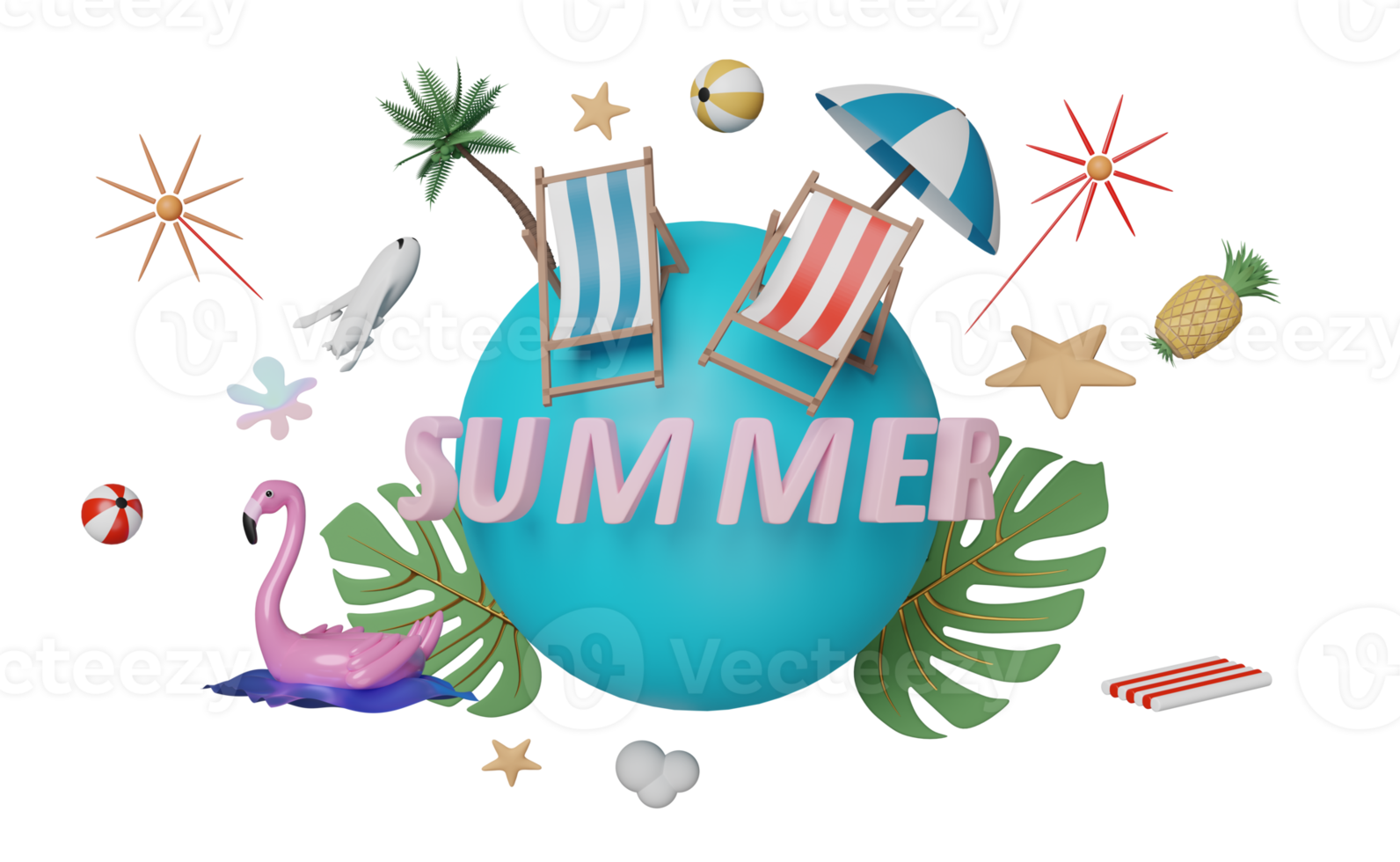 viagem de verão ao redor do conceito de mundo com cadeira de praia, bola, guarda-chuva, avião, flamingo inflável, coqueiro, estrela do mar, abacaxi, folha de monstera, ilustração 3d ou renderização 3d png