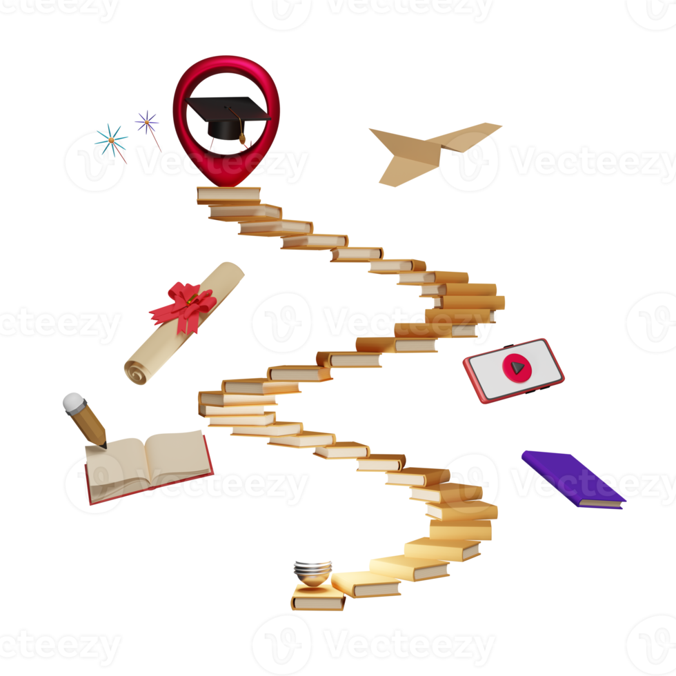 red pin with book spiral staircase and graduation hat, achieve goals and success concept ,3d illustration or 3d rendering png