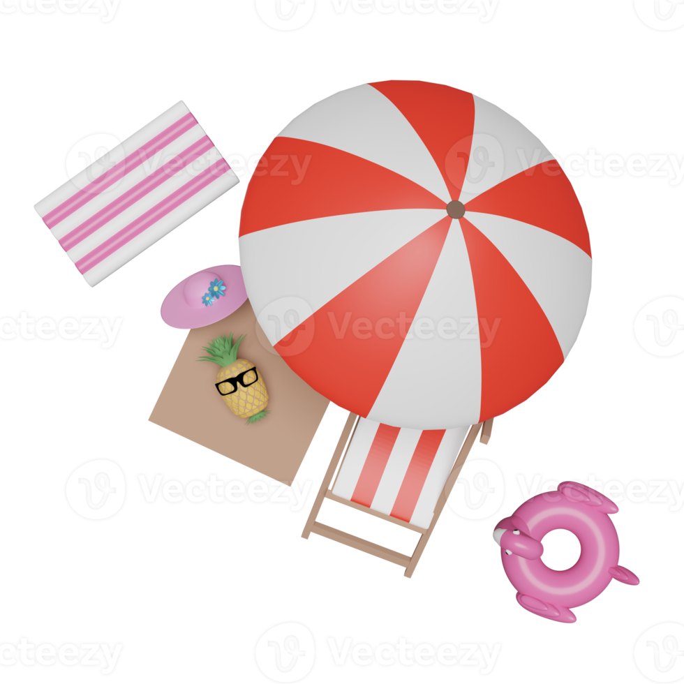 vista superior da praia de verão com cadeira de praia, chapéu, flamingo inflável, jangada de borracha, conceito de viagens de verão, ilustração 3d ou renderização 3d png