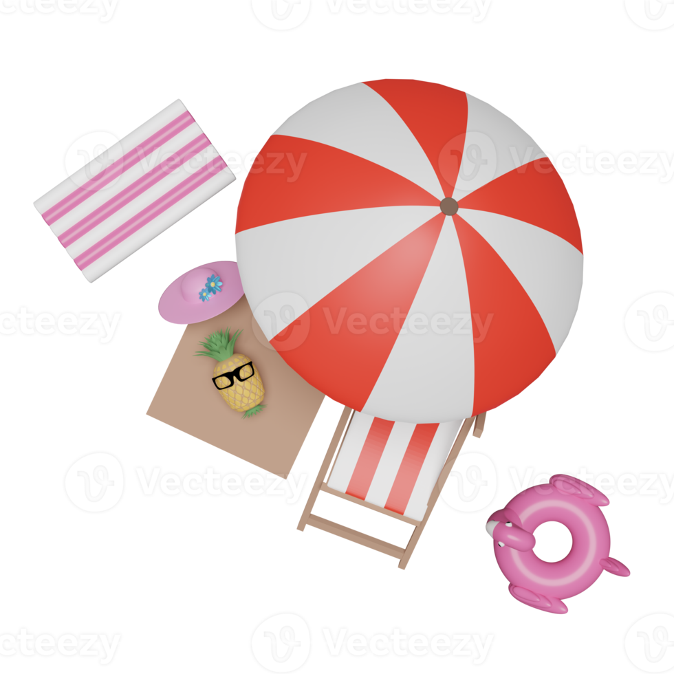 summer beach top view with beach chair, hat, Inflatable flamingo, rubber raft, summer travel concept, 3d illustration or 3d render png