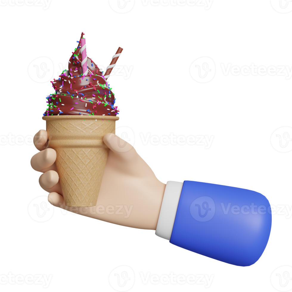 hands holding ice cream chocolate with topping in waffle cones isolated. 3d illustration or 3d render png