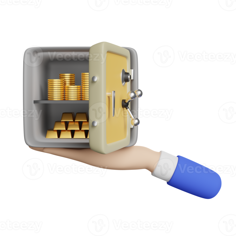 hands holding safe box full of coins stack and gold bar, business banking concept, 3d illustration or 3d render png