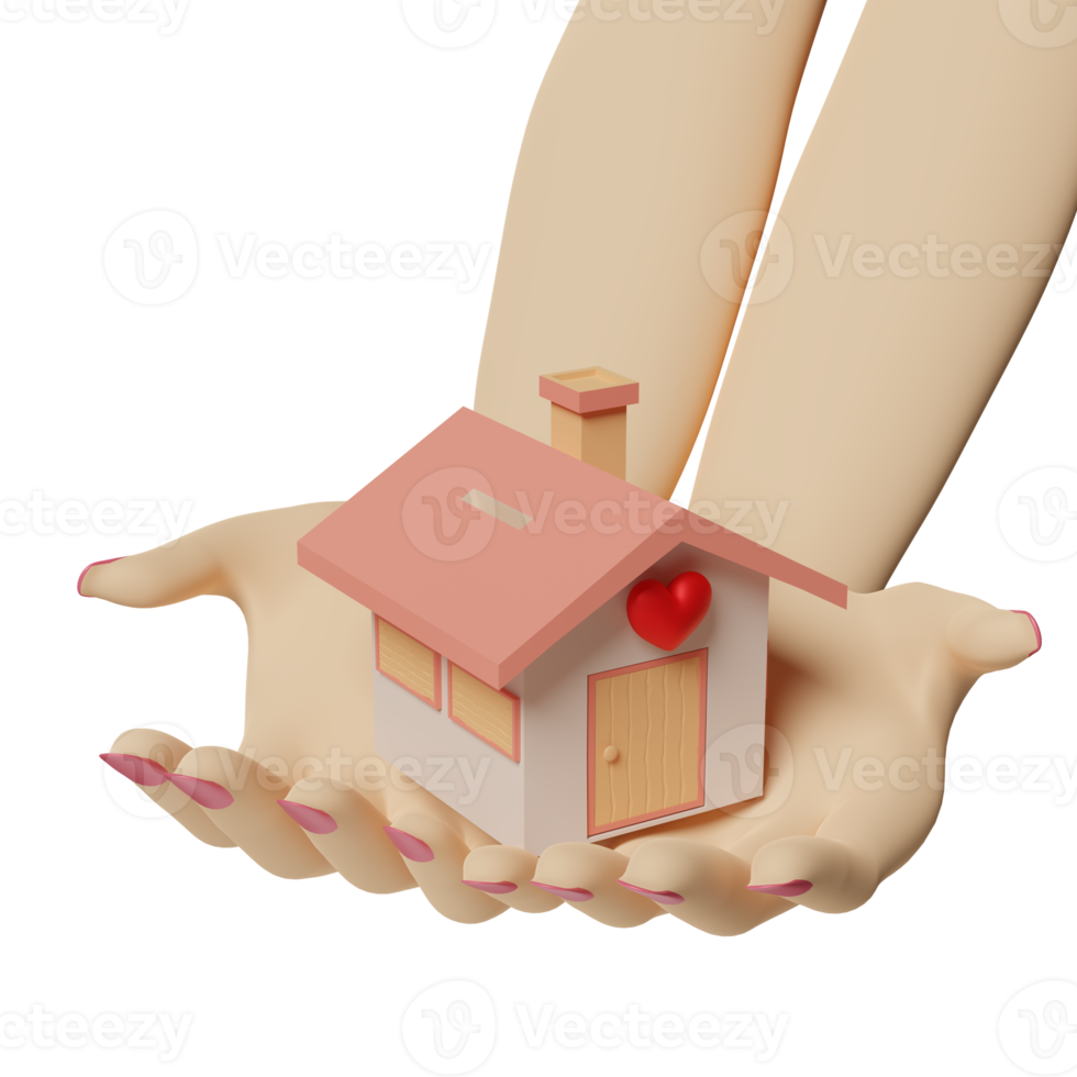 karikaturfrauenhände, die haus lokalisiert halten. 3D-Darstellung oder 3D-Rendering png