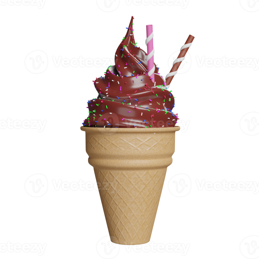 ice cream chocolate with topping in waffle cones isolated. 3d illustration or 3d render png