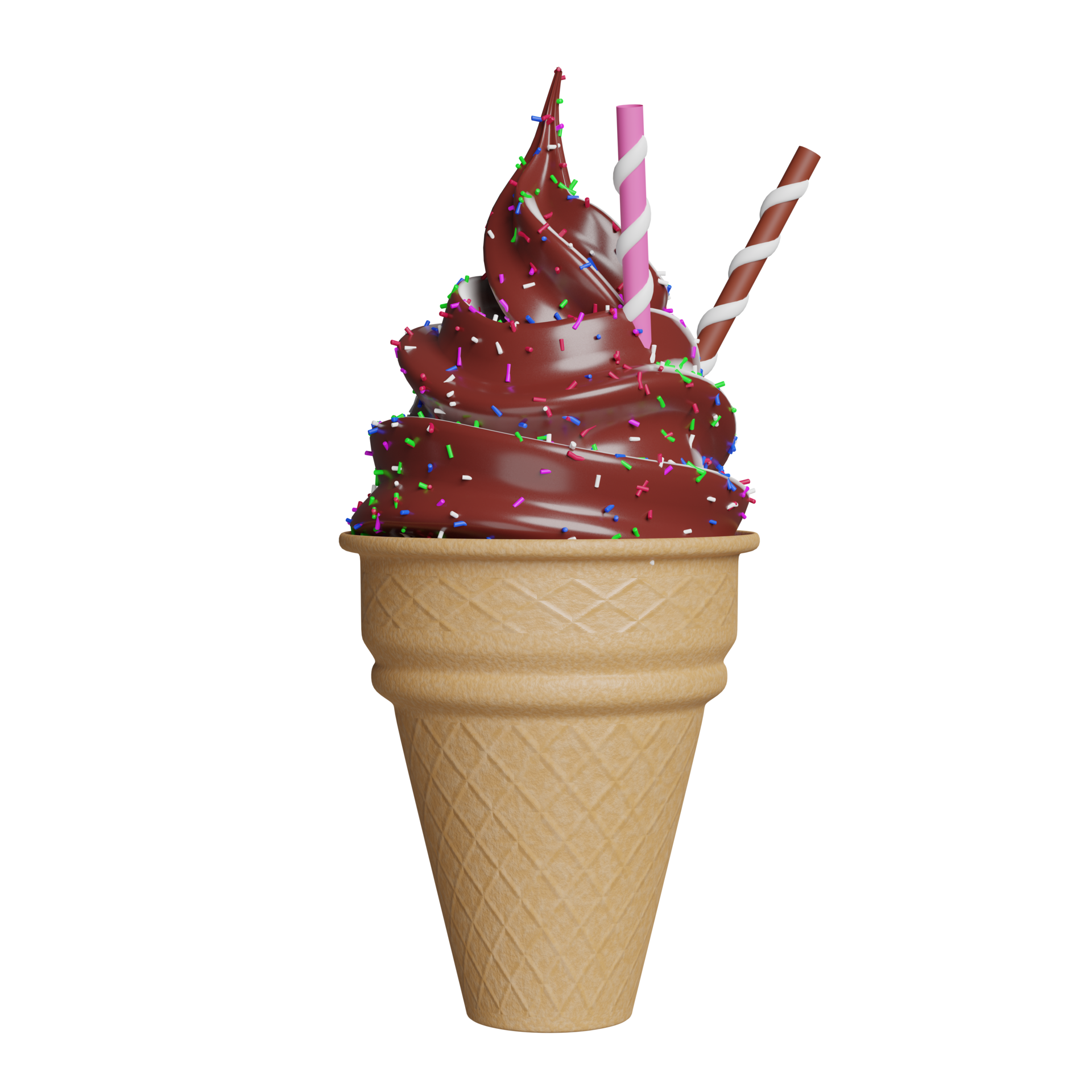 Eisschokolade mit Topping in Waffelkegeln isoliert. 3D-Darstellung oder ...