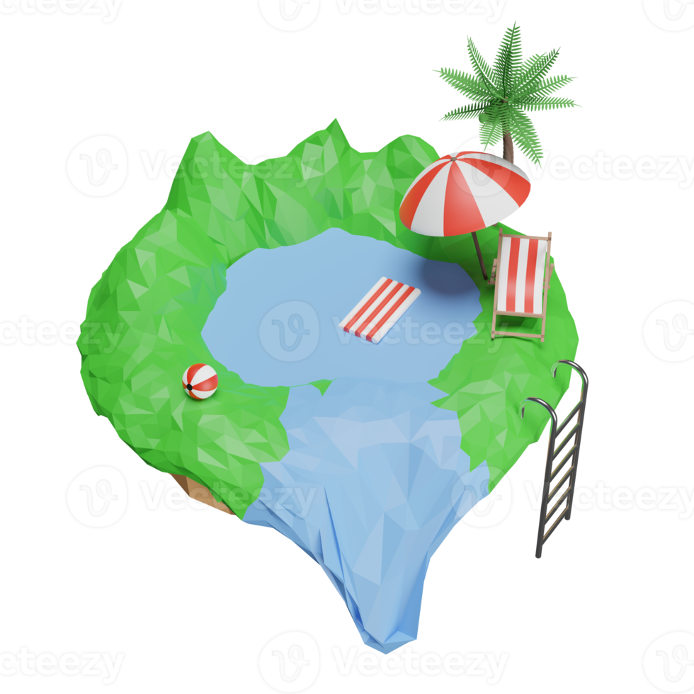 Summer sale banner with floating island,  beach chair, ball, umbrella, coconut tree isolated. summer travel concept, 3d illustration or 3d render png
