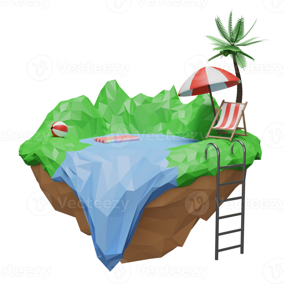 banner de venta de verano con isla flotante, silla de playa, pelota, paraguas, cocotero aislado. concepto de viaje de verano, ilustración 3d o presentación 3d png