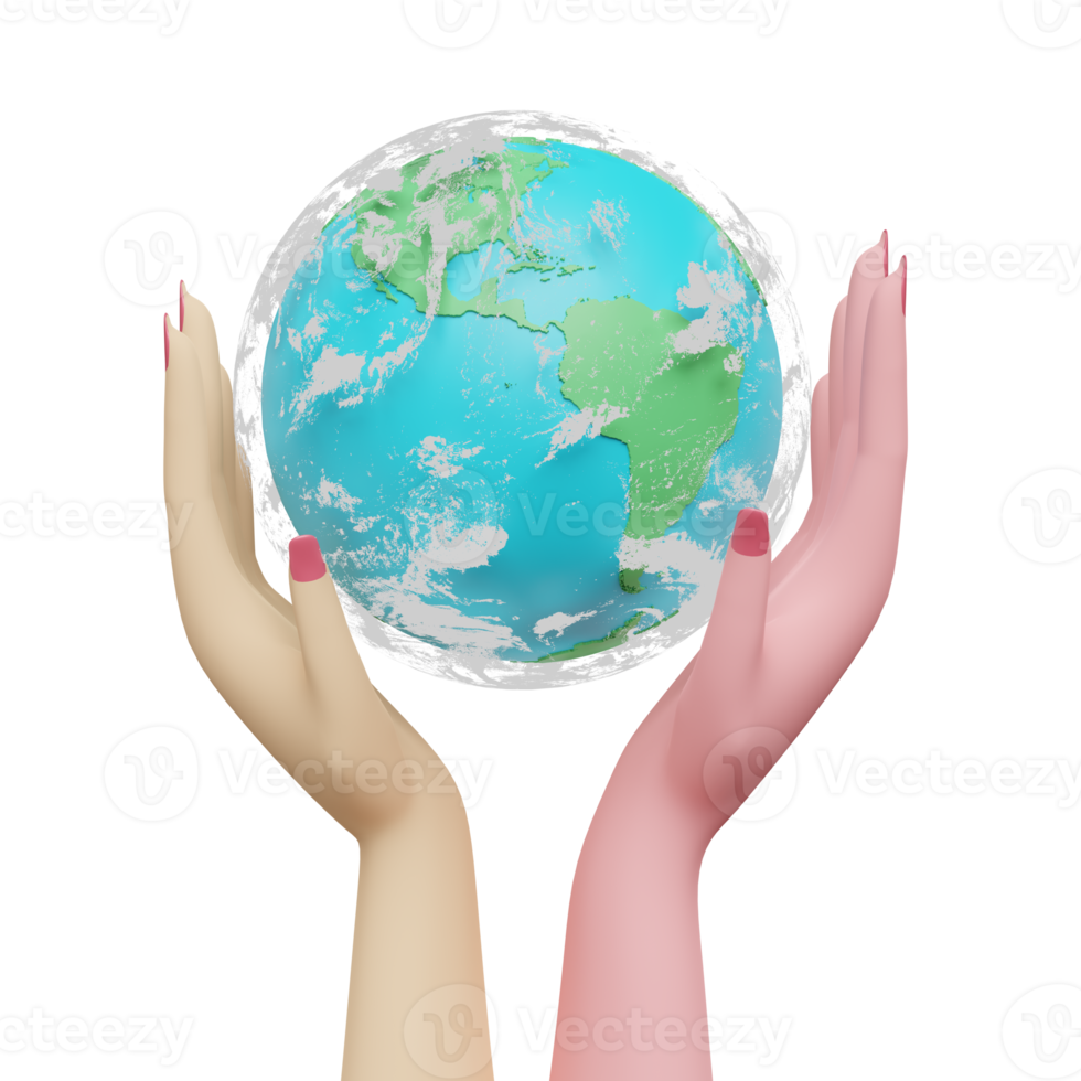 cartoon woman hands holding planet earth, concept 3d illustration or 3d render png