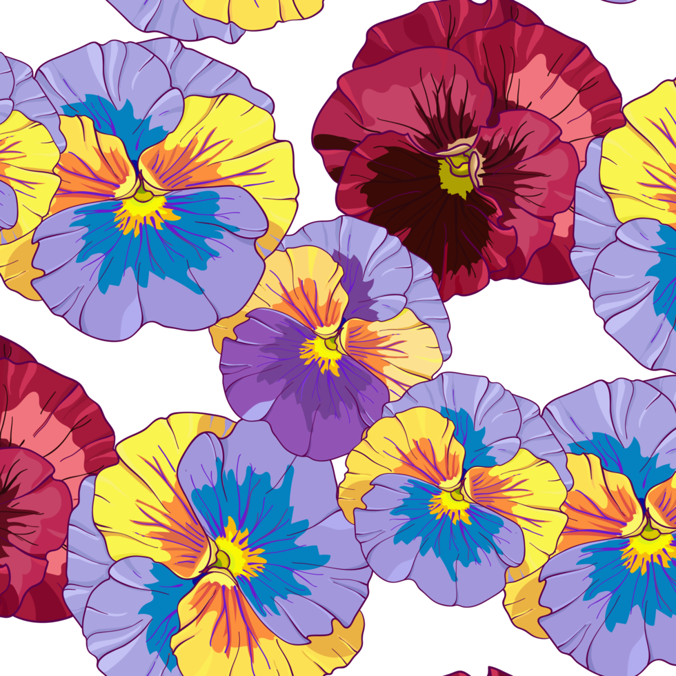 blue  and purple pansy on a dark background. Seamless  pattern. Hand drawing flowers  illustration. png