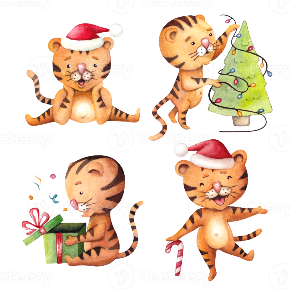 Watercolor set of cute christmas cartoon tigers. Children's hand-drawn illustration on a white background png