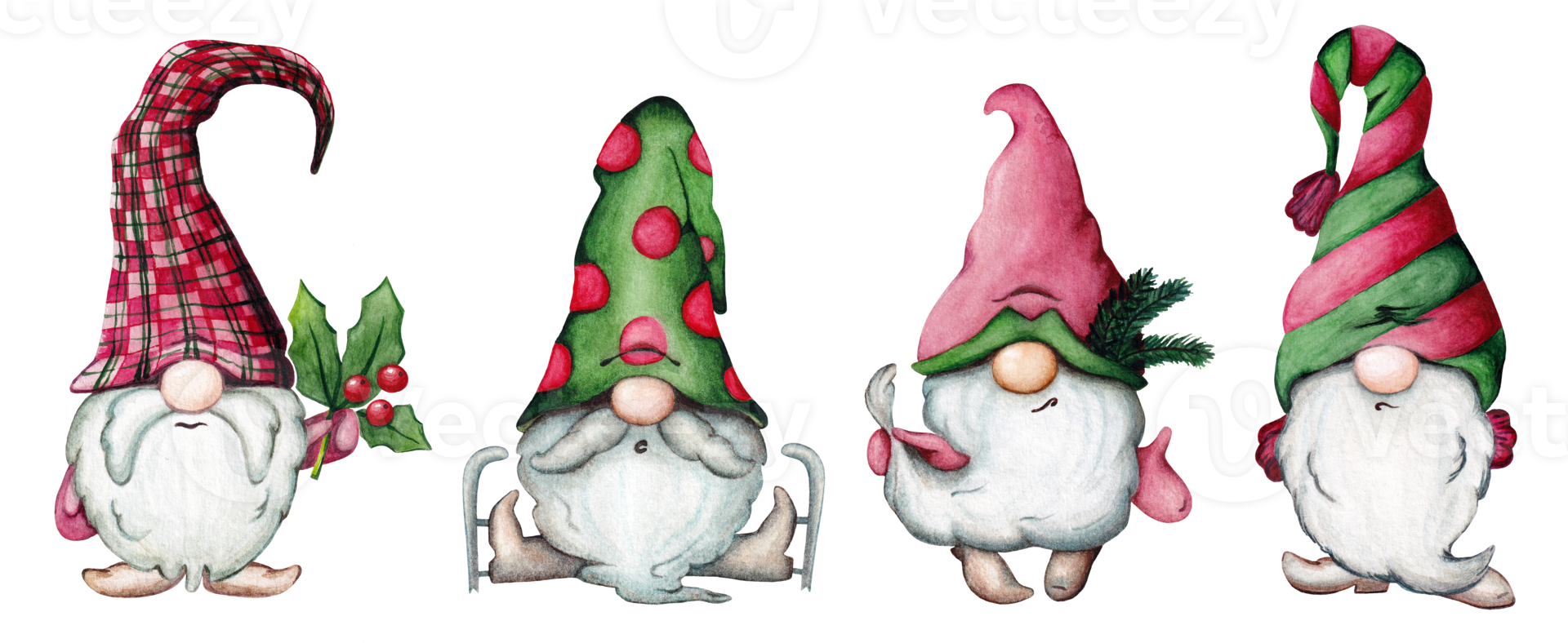 ensemble de gnomes de noël aquarelles en style cartoon. illustration pour une carte ou une impression du nouvel an png