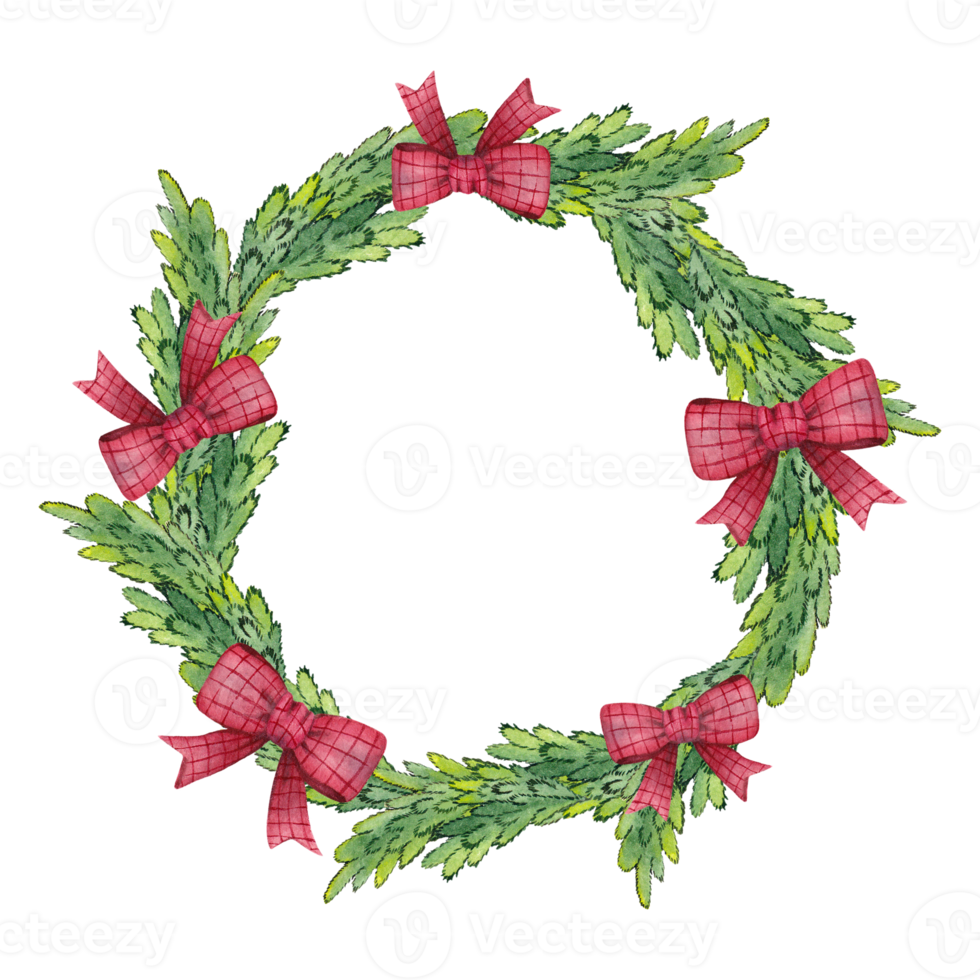 Christmas watercolor wreath, frame with fir branches and red bow. For postcards, congratulations, wallpaper, background. png