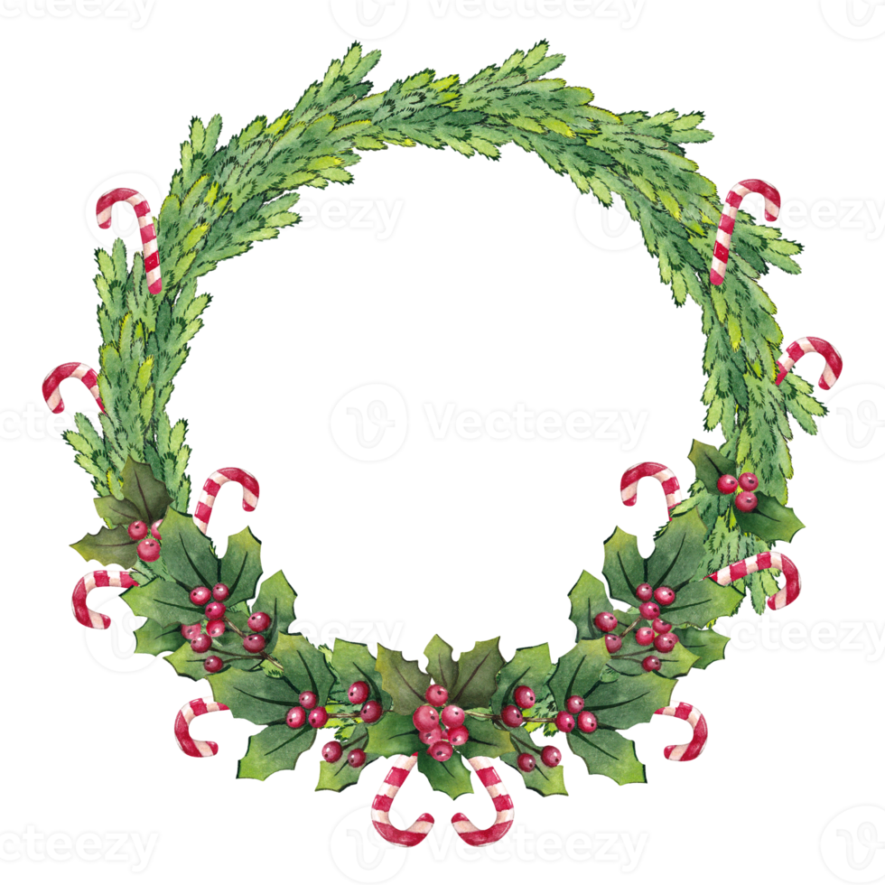 Christmas watercolor wreath, frame with fir branches, green leaves, berries and lollipops. For postcards, congratulations, wallpaper, background. png