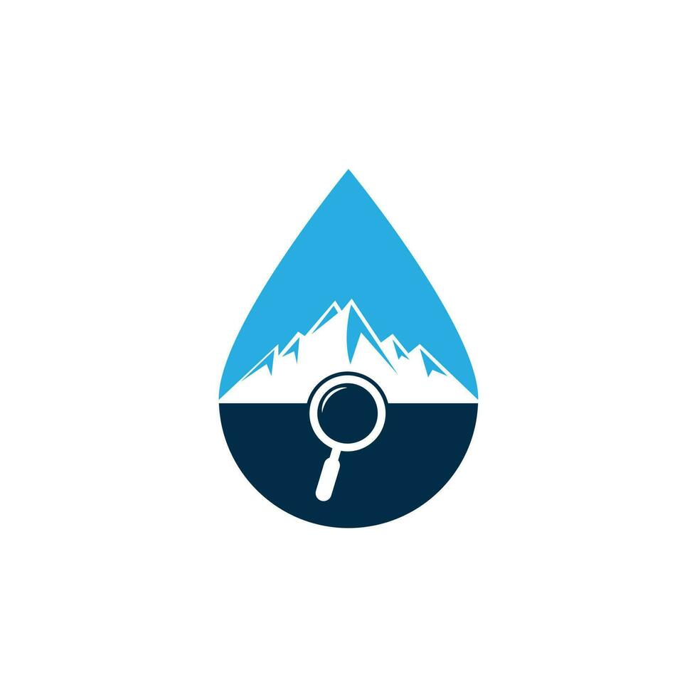 Mountain and loupe drop shape concept logo combination. Nature and magnifying symbol or icon. Magnifying glass and mountain logo design. vector