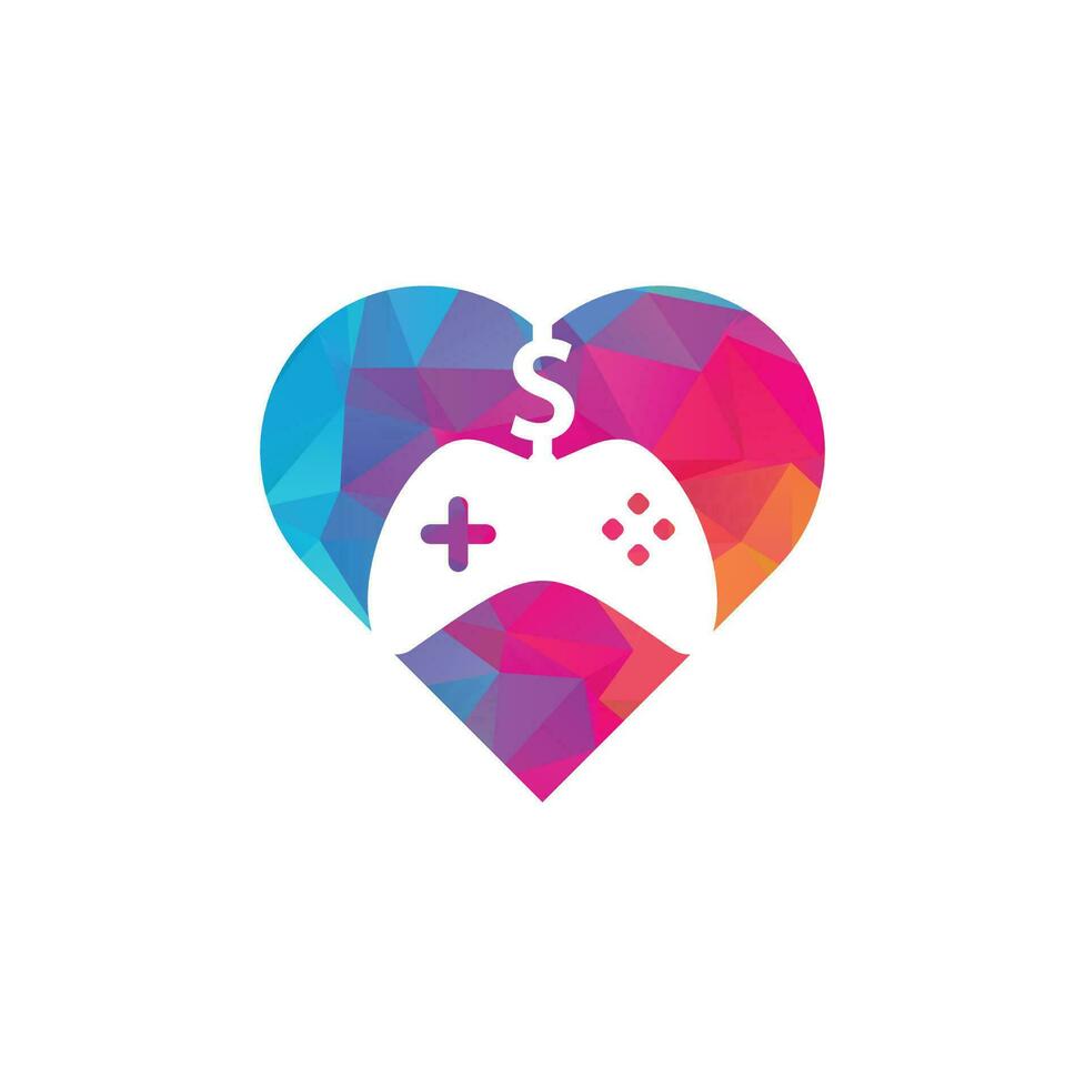 logotipo de concepto de forma de corazón de juego de dinero. joystick juego de dinero en línea diseño de logotipo creativo vector