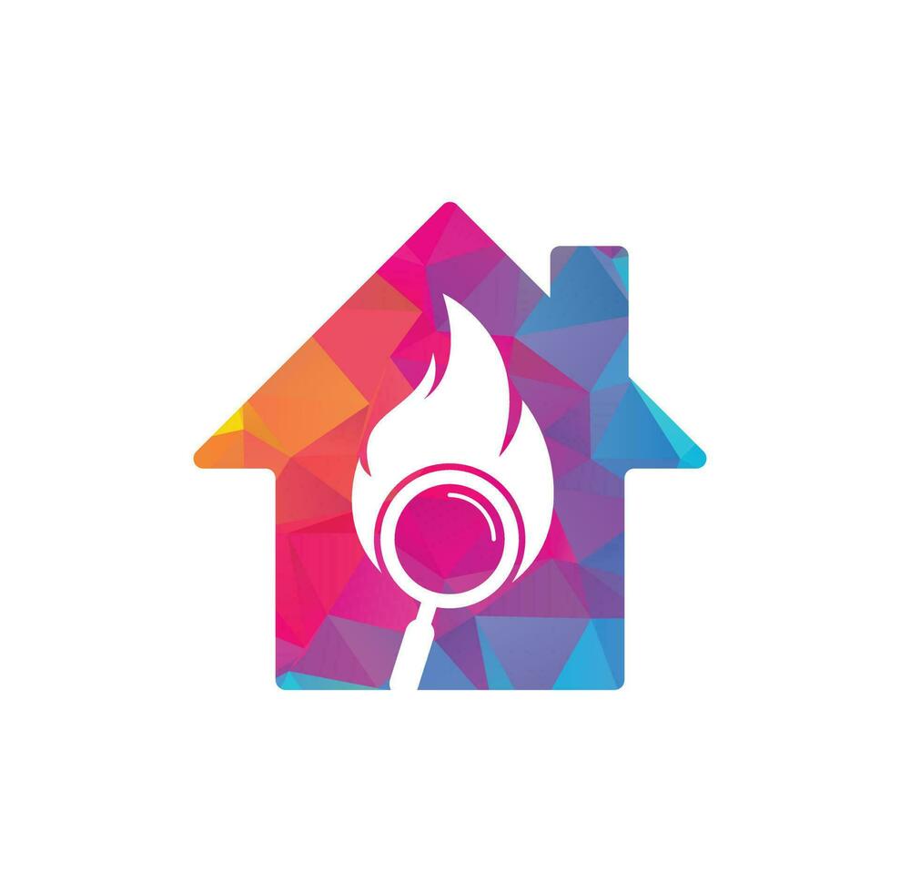 vector de diseño de plantilla de logotipo de concepto de forma de hogar de búsqueda de incendios. encuentre la plantilla de diseño del logotipo de fuego. icono de fuego y lupa