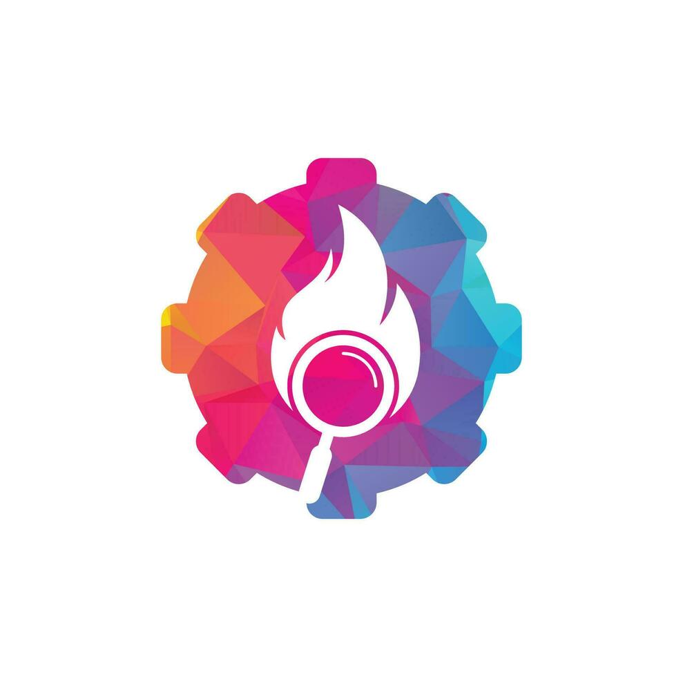 vector de diseño de plantilla de logotipo de concepto de forma de engranaje de búsqueda de incendios. encuentre la plantilla de diseño del logotipo de fuego. icono de fuego y lupa