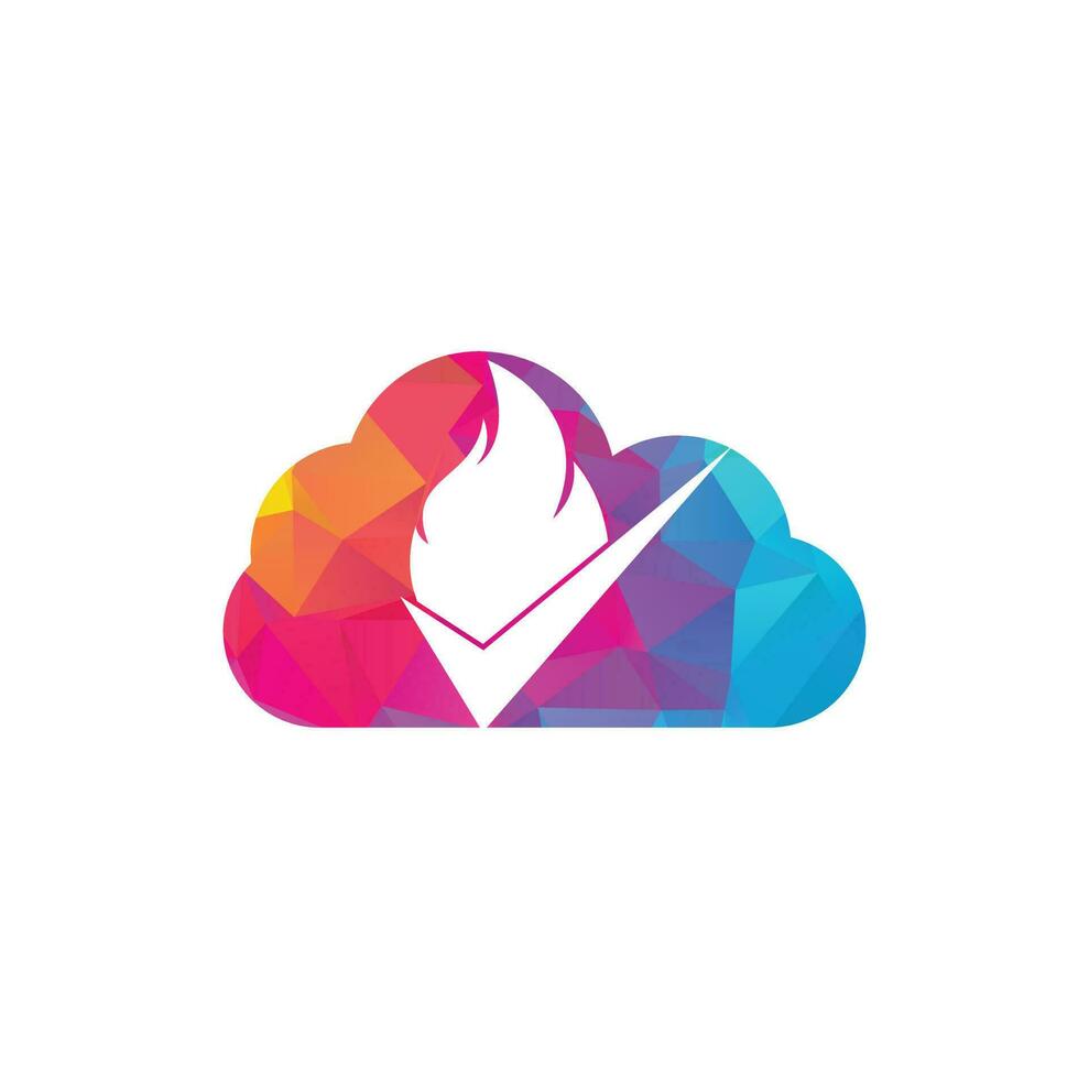Fire check cloud shape concept vector logo design template. Fire and checkmark icon design.