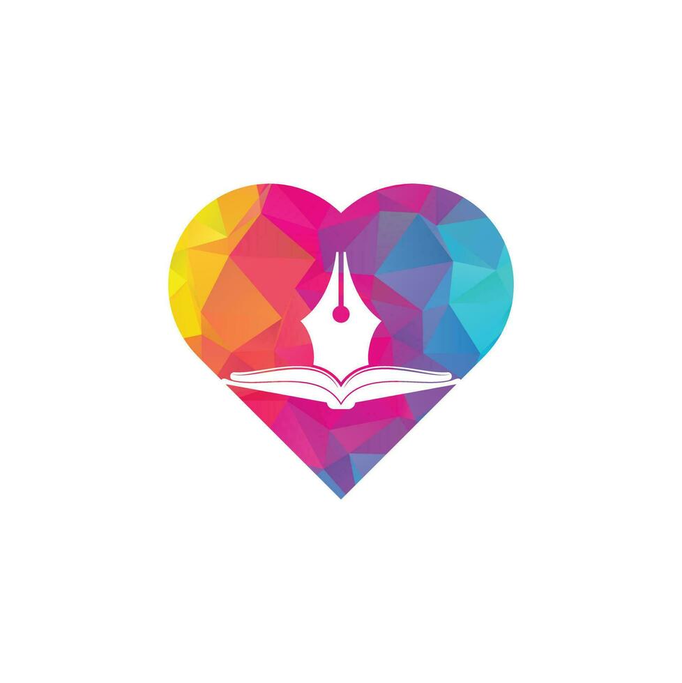 diseño de logotipo vectorial de concepto de forma de corazón de libro y pluma. vector de diseño de plantilla de logotipo de escritor de libros.