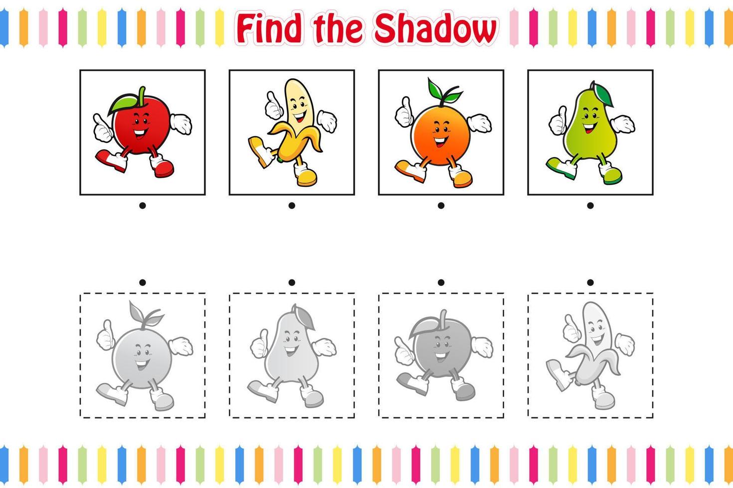 encontrar la sombra correcta, encontrar y combinar la sombra correcta, juego educativo para niños hoja de cálculo imprimible ilustración vectorial vector