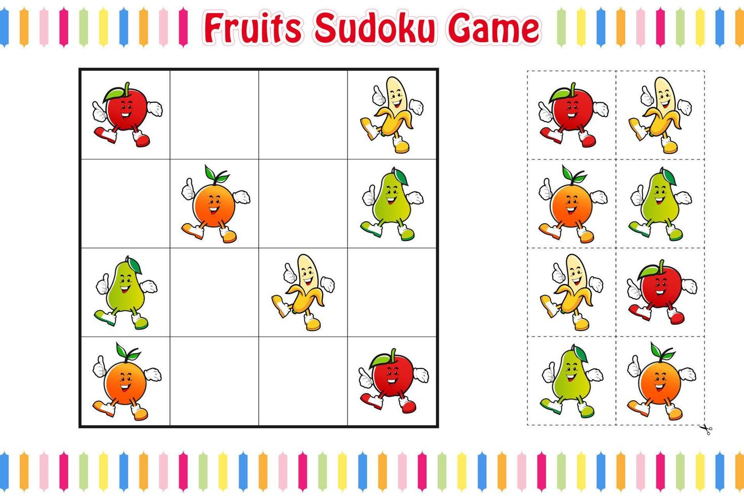 Fruits Sudoku Game, Educational children game printable worksheet, Vector isolated illustration.